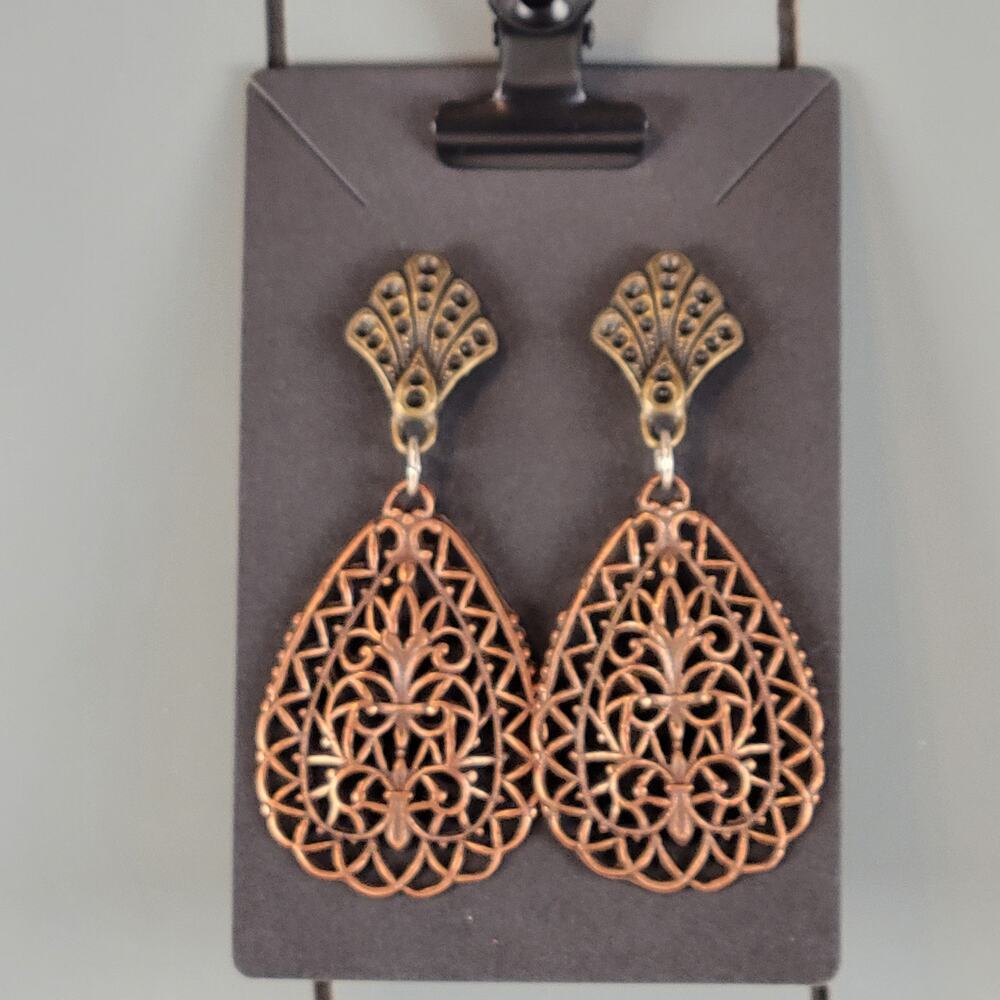 Vintage Style Copper Tone Dangle Earrings Filigree Fan Top 2.47in Long Boho